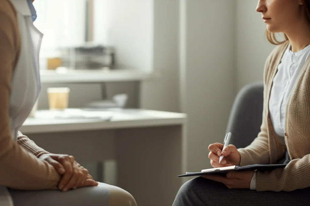 Una paziente dall'aspetto preoccupato ma attento durante una consulenza di genetica oncologica, vista di lato, luce naturale da finestra, obiettivo prime 35mm, profondità di campo ridotta per sfocare lo sfondo, toni caldi.