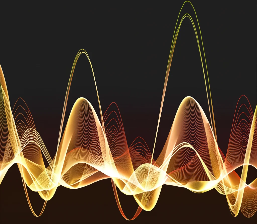 Visualizzazione scientifica astratta che rappresenta dati spettrali nel vicino infrarosso, con linee ondulate colorate (che simulano le curve gaussiane) su uno sfondo scuro, concetto di analisi dei dati, alta definizione.