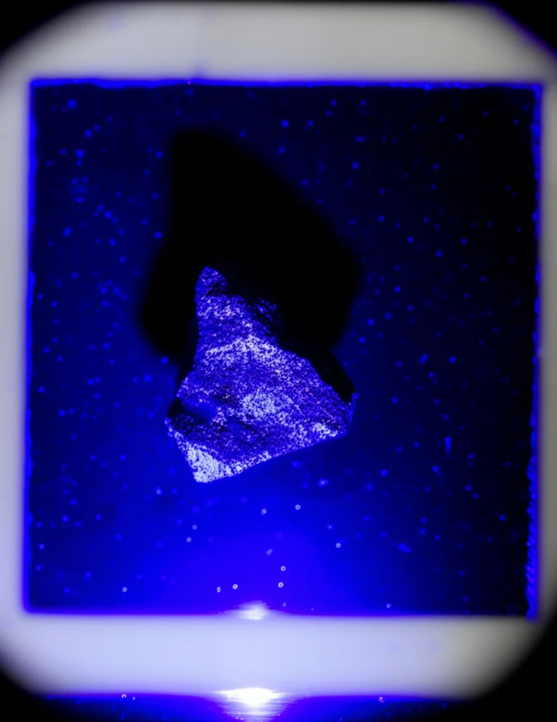 Fotografia still life di un piccolo frammento di meteorite scuro (simile a Ivuna) sotto un fascio di luce UV viola/blu in un ambiente di laboratorio controllato (contenitore ermetico con finestra al quarzo visibile), obiettivo macro 60mm, illuminazione drammatica, alta definizione, messa a fuoco precisa sul campione.