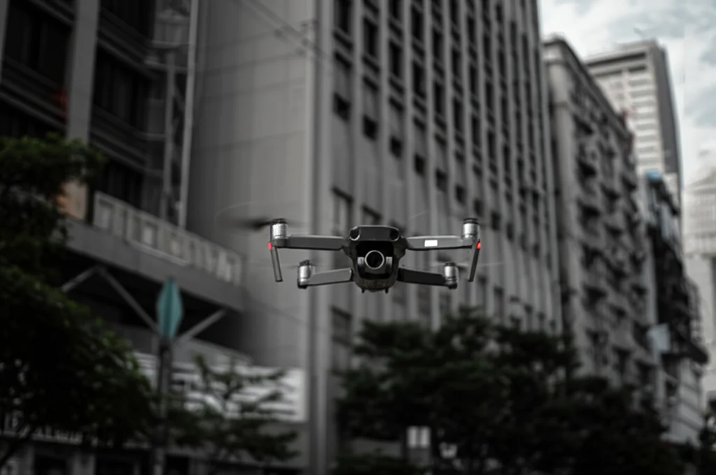 Fotografia di un singolo drone quadricottero che naviga autonomamente attraverso un ambiente urbano denso e complesso, evitando ostacoli statici e dinamici. Obiettivo prime 35mm, profondità di campo ridotta per isolare il drone, illuminazione drammatica stile film noir.