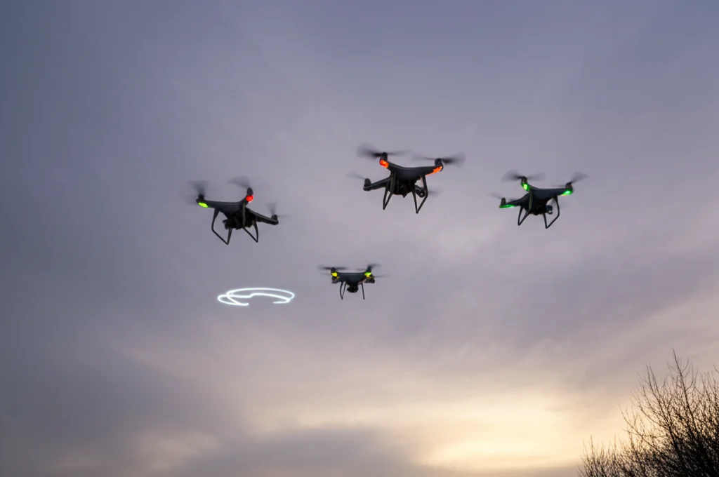 Fotografia grandangolare (15mm) di uno sciame di cinque droni quadricottero che volano in formazione ravvicinata ma evitando collisioni reciproche in un cielo nuvoloso al tramonto. Lungo tempo di esposizione per mostrare scie luminose fluide, messa a fuoco nitida sui droni.