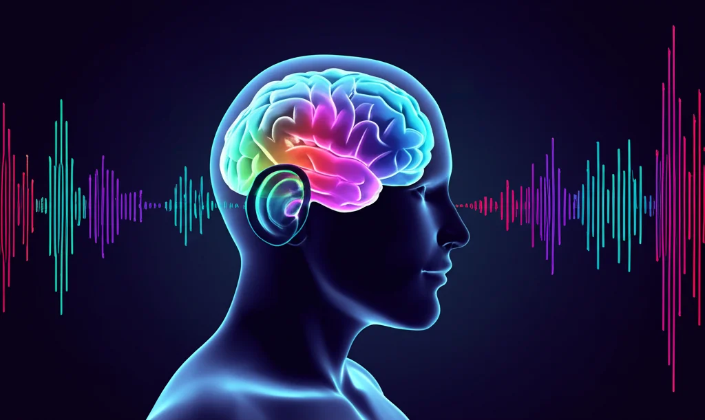 Visualizzazione artistica di un cervello umano durante l'ascolto di musica, con onde sonore colorate che entrano nelle orecchie e attivano diverse aree cerebrali. Alcune aree, come la corteccia prefrontale ventromediale (vmPFC) e le aree sensoriali, sono evidenziate con colori brillanti. Wide-angle lens, 18mm, long exposure, sharp focus, colori neon su sfondo scuro.