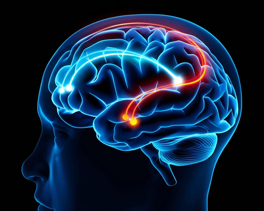 Due percorsi neurali stilizzati e luminosi che si diramano all'interno di una silhouette cerebrale trasparente vista di profilo. Un percorso, in tonalità fredde di blu (escitalopram), appare più diffuso e meno definito. L'altro percorso, in tonalità calde di rosso e arancio (psilocibina), è più vibrante, focalizzato e connette aree sensoriali posteriori a quelle frontali. Telephoto zoom, 150mm, fast shutter speed, action tracking sui percorsi luminosi, sfondo nero.