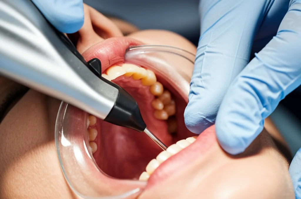 Fotografia realistica in un ambiente clinico dentale. Primo piano della mano di un dentista che utilizza un piccolo trasduttore a ultrasuoni angolato (simile a una mazza da hockey) sulla gengiva vicino ai denti posteriori di un paziente. Messa a fuoco selettiva sul trasduttore e sull'area gengivale. Obiettivo macro 60mm, alta definizione, illuminazione controllata.