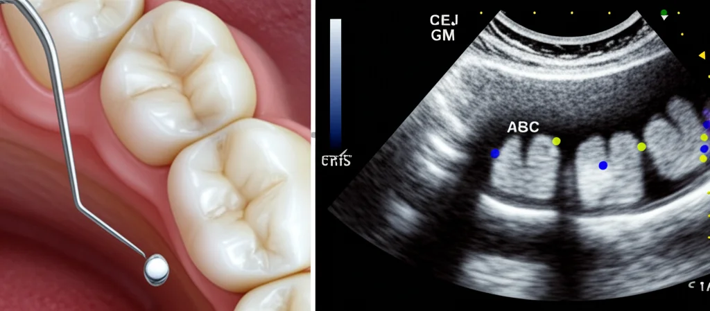 Immagine composita fotorealistica. A sinistra: primo piano di una sonda parodontale metallica tradizionale vicino a un dente e gengiva umana. A destra: Schermo di un ecografo che mostra un'immagine ecografica chiara di una sezione trasversale di dente e gengiva, con punti di riferimento anatomici (CEJ, ABC, GM) evidenziati digitalmente. Confronto tra vecchia e nuova tecnologia diagnostica dentale. Obiettivo prime 35mm, profondità di campo, alta definizione.