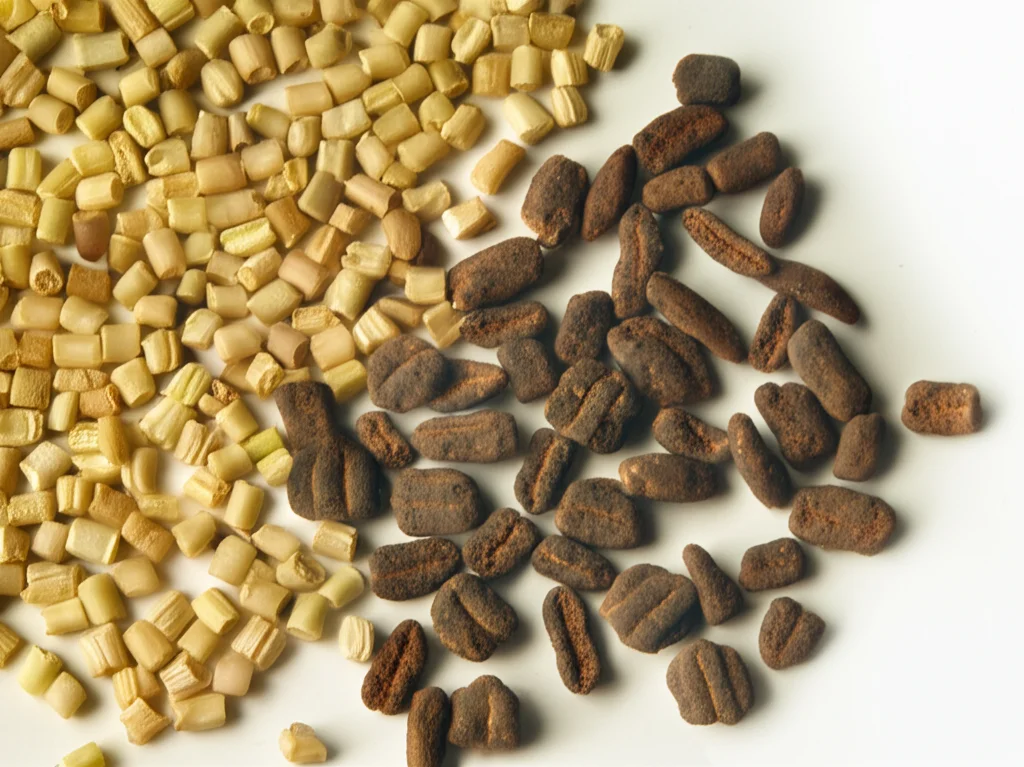 Una selezione di semi antichi recuperati a Old Dongola: sorgo essiccato, orzo carbonizzato, e fagioli dall'occhio carbonizzati. Macro lens, 100mm, high detail, precise focusing, controlled lighting, disposti su un fondo neutro da laboratorio.