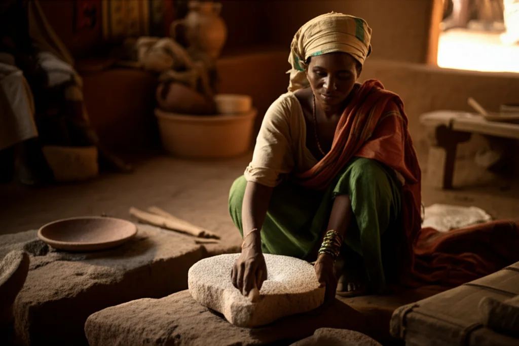 Ricostruzione di una scena di preparazione del cibo nel periodo Funj a Old Dongola. Una donna Nubiana macina del grano su una macina di pietra (quern) vicino a un focolare con una piastra doka in ceramica. Prime lens, 35mm, depth of field, luce naturale calda.