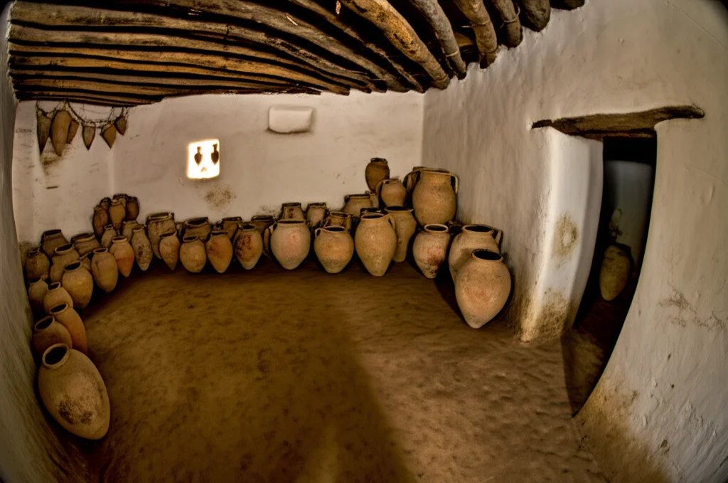 Interno ricostruito di una casa del periodo Funj a Old Dongola, che mostra giare di terracotta (gossi) di varie dimensioni usate per la conservazione dei cereali, appoggiate contro un muro di mattoni di fango. Wide-angle lens, 20mm, sharp focus, illuminazione ambientale interna.