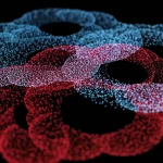 Immagine concettuale astratta ma fotorealistica di due nuvole di punti colorati (blu e rossi) sovrapposte in uno spazio 2D con un bordo definito. Cerchi traslucidi emanano dai punti blu per 'coprire' i punti rossi, con un'enfasi visiva su un punto rosso vicino al bordo che è coperto da pochi cerchi. Landscape wide angle 15mm, sharp focus, illuminazione drammatica.