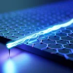 Immagine macro fotorealistica di un singolo nanofilo semiconduttore (Al,Ga)N su un substrato high-tech, interfacciato con uno strato atomico trasparente di grafene. Un fascio di luce UV stilizzato colpisce il dispositivo, generando segnali elettrici visualizzati come impulsi luminosi lungo il nanofilo. Illuminazione da laboratorio controllata con riflessi bluastri, per evidenziare i dettagli nanometrici e la natura optoelettronica. Lente macro 105mm, alta definizione, messa a fuoco precisa sull'eterostruttura nanofilo/grafene, profondità di campo ridotta.