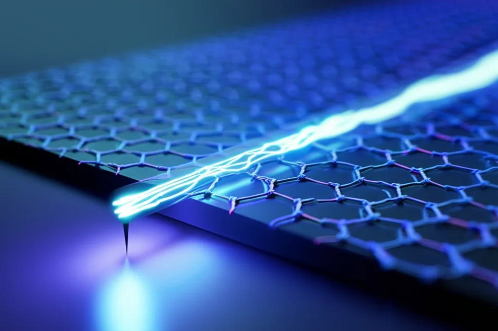 Immagine macro fotorealistica di un singolo nanofilo semiconduttore (Al,Ga)N su un substrato high-tech, interfacciato con uno strato atomico trasparente di grafene. Un fascio di luce UV stilizzato colpisce il dispositivo, generando segnali elettrici visualizzati come impulsi luminosi lungo il nanofilo. Illuminazione da laboratorio controllata con riflessi bluastri, per evidenziare i dettagli nanometrici e la natura optoelettronica. Lente macro 105mm, alta definizione, messa a fuoco precisa sull'eterostruttura nanofilo/grafene, profondità di campo ridotta.