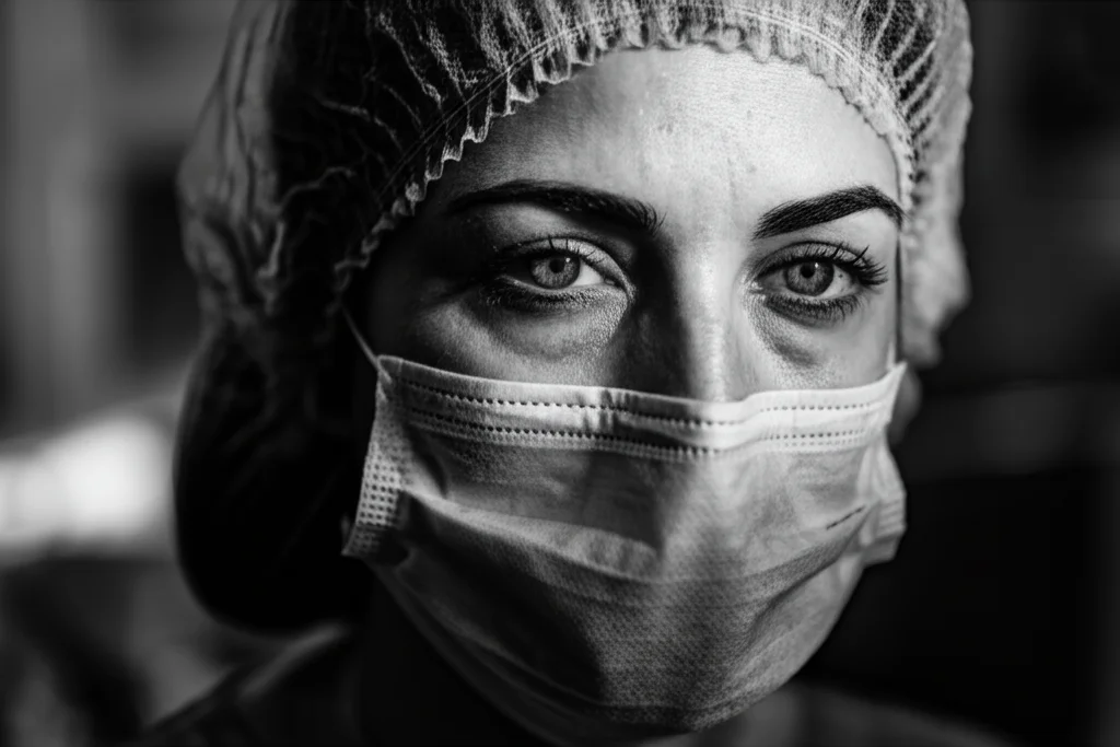 Primo piano intenso di un'operatrice sanitaria, donna, 30 anni, con segni di stanchezza ma sguardo determinato, indossa mascherina abbassata, luce drammatica laterale, 35mm portrait, black and white film, profondità di campo.