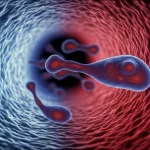 Visualizzazione 3D artistica e fotorealistica di cellule ameboidi che si muovono all'interno di uno stretto microcanale. Un gradiente di colore sul canale da blu (morbido/basso attrito) a rosso (rigido/alto attrito) indica la direzione della migrazione cellulare. Le cellule mostrano la tipica forma ameboide con blebs. Profondità di campo, illuminazione drammatica stile film noir per enfatizzare il movimento guidato.