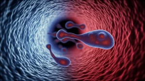 Visualizzazione 3D artistica e fotorealistica di cellule ameboidi che si muovono all'interno di uno stretto microcanale. Un gradiente di colore sul canale da blu (morbido/basso attrito) a rosso (rigido/alto attrito) indica la direzione della migrazione cellulare. Le cellule mostrano la tipica forma ameboide con blebs. Profondità di campo, illuminazione drammatica stile film noir per enfatizzare il movimento guidato.