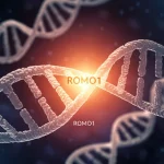 Visualizzazione artistica e fotorealistica di tre filamenti di DNA interconnessi che rappresentano Artrite Reumatoide, Sclerosi Multipla e Diabete Tipo 1, con il gene ROMO1 evidenziato al centro come un nodo luminoso. Stile macro fotografia, 85mm, profondità di campo ridotta, illuminazione drammatica, alta definizione.