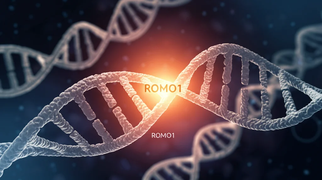 Visualizzazione artistica e fotorealistica di tre filamenti di DNA interconnessi che rappresentano Artrite Reumatoide, Sclerosi Multipla e Diabete Tipo 1, con il gene ROMO1 evidenziato al centro come un nodo luminoso. Stile macro fotografia, 85mm, profondità di campo ridotta, illuminazione drammatica, alta definizione.