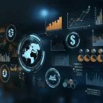 Visualizzazione astratta di dati finanziari digitali interconnessi con icone tecnologiche luminose su sfondo blu scuro, stile wide-angle 15mm, messa a fuoco nitida, colori blu e oro duotone, simboleggiando l'empowerment del settore finanziario tramite la ricerca e lo sviluppo fintech.
