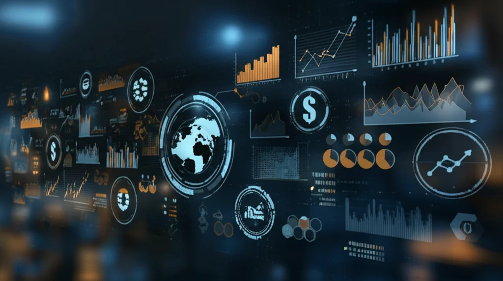 Visualizzazione astratta di dati finanziari digitali interconnessi con icone tecnologiche luminose su sfondo blu scuro, stile wide-angle 15mm, messa a fuoco nitida, colori blu e oro duotone, simboleggiando l'empowerment del settore finanziario tramite la ricerca e lo sviluppo fintech.