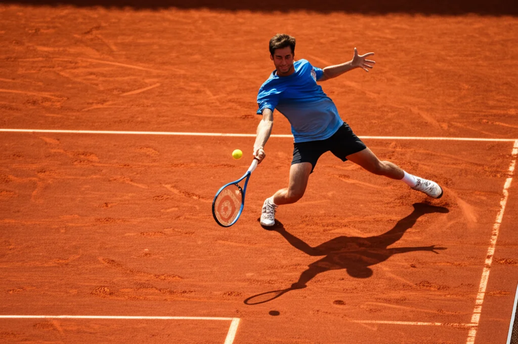 Azione dinamica di un giocatore di tennis che colpisce la palla con un rovescio potente su un campo in terra battuta, catturata con teleobiettivo zoom 200mm, fast shutter speed per congelare il movimento della palla e della racchetta, tracciamento dell'azione, luce solare pomeridiana intensa che crea ombre nette.