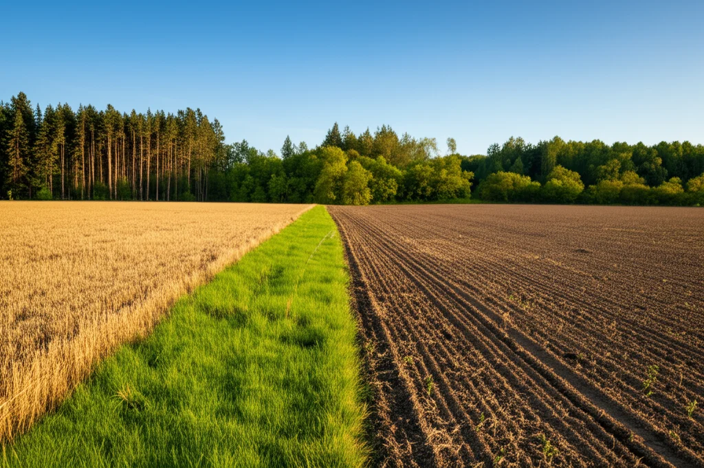 Foresta rigogliosa accanto a un campo agricolo arato, separati da una linea netta, simboleggiando il concetto di uso del suolo e il confronto tra stato naturale e antropizzato. Fotografia paesaggistica, obiettivo grandangolare 20mm, luce naturale del tardo pomeriggio che crea contrasto, messa a fuoco nitida su entrambi gli elementi per evidenziare la dicotomia.