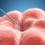 Fotografia macro ad altissima definizione di un ago da biopsia stereotassica che preleva delicatamente un campione da un modello 3D traslucido di cervello umano affetto da glioblastoma. Illuminazione da studio controllata, focus nitido sulla punta dell'ago e sul tessuto, obiettivo macro 90mm, profondità di campo ridotta per enfatizzare il punto di prelievo.