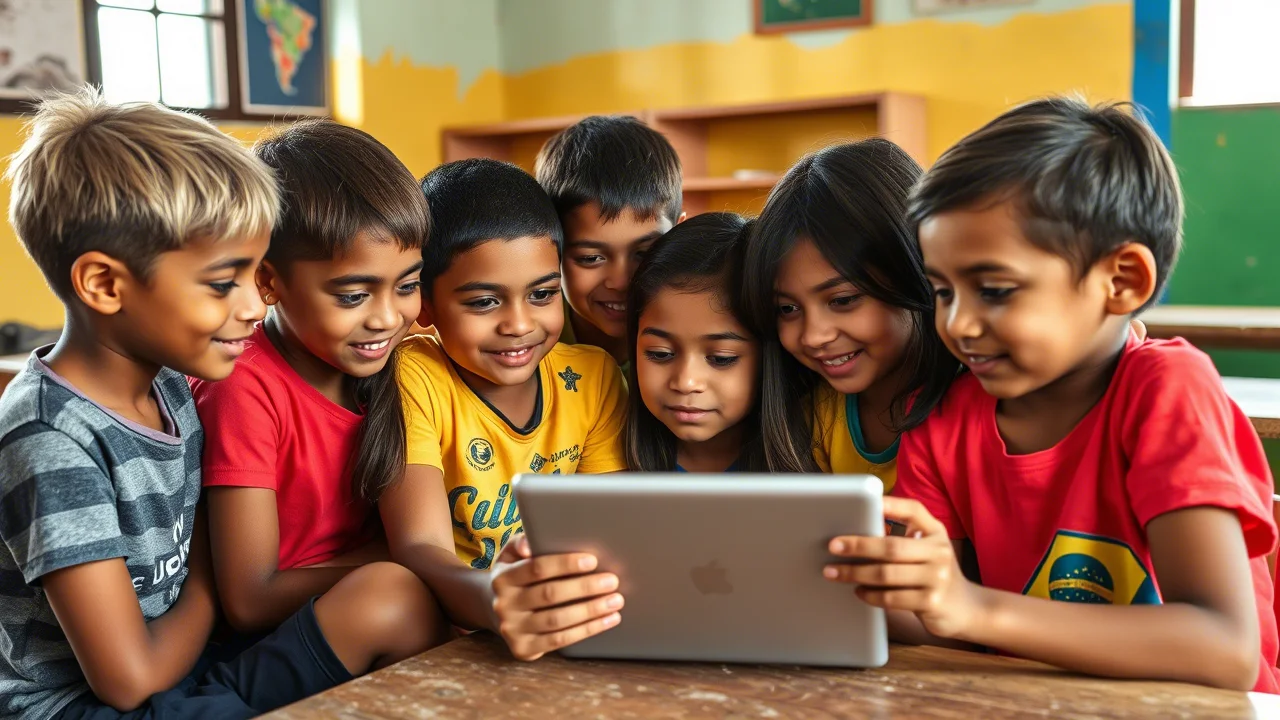 Fotografia stile reportage, obiettivo 35mm, luce naturale, che mostra studenti diversi (alcuni con tratti neozelandesi, altri brasiliani) che collaborano attorno a un tablet in un'aula colorata ma semplice in Brasile, simboleggiando l'incontro interculturale e l'apprendimento postdigitale nel Sud Globale.
