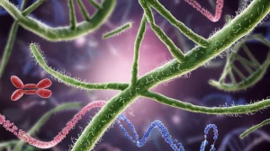Immagine concettuale fotorealistica che combina una vista microscopica di ife fungine che si intrecciano con cellule vegetali e una rappresentazione di sfondo di filamenti di DNA dinamici che subiscono ricombinazione e trasposizione, simboleggiando l'adattamento. Utilizza un'illuminazione drammatica e controllata, alto dettaglio, forse un effetto obiettivo macro (85mm).