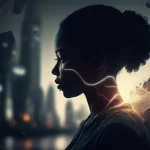 Immagine concettuale potente: una silhouette di una persona BIPOC vista di profilo, con sottili linee luminose che rappresentano onde di dolore che emanano dal corpo, sovrapposte a uno sfondo urbano astratto e frammentato che simboleggia le barriere sociali, la discriminazione e i determinanti sociali della salute. Illuminazione drammatica e contrastata, stile film noir, obiettivo 35mm, profondità di campo che sfoca lo sfondo per enfatizzare la figura.