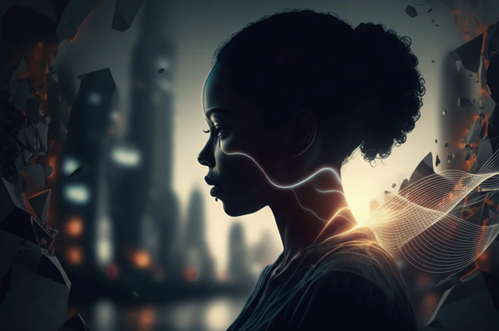 Immagine concettuale potente: una silhouette di una persona BIPOC vista di profilo, con sottili linee luminose che rappresentano onde di dolore che emanano dal corpo, sovrapposte a uno sfondo urbano astratto e frammentato che simboleggia le barriere sociali, la discriminazione e i determinanti sociali della salute. Illuminazione drammatica e contrastata, stile film noir, obiettivo 35mm, profondità di campo che sfoca lo sfondo per enfatizzare la figura.