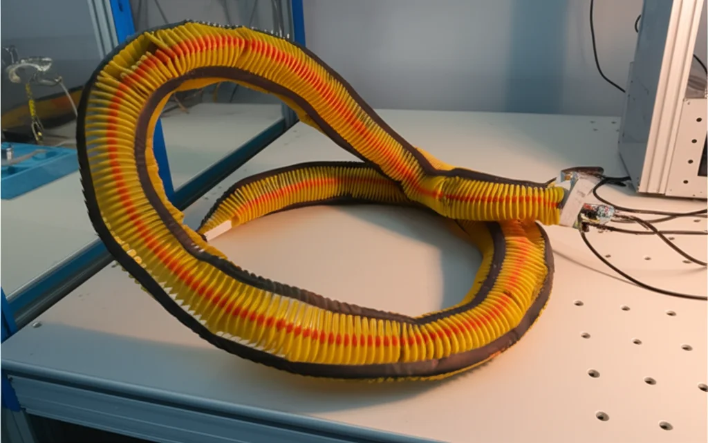 Immagine fotorealistica, obiettivo fisso 35mm, profondità di campo, che mostra il robot morbido ispirato ai serpenti (ICSBot) avvolto a spirale in modo lasco, suggerendo la sua flessibilità e le sue molteplici capacità (presa, strisciamento), forse parzialmente illuminato da luce nel vicino infrarosso in un ambiente di laboratorio minimalista.