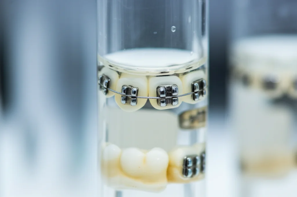 Macro fotografia di diversi tipi di bracket ortodontici (metallo lucido, ceramica bianca traslucida, autolegante complesso) parzialmente immersi in un liquido trasparente leggermente torbido in una provetta di vetro da laboratorio, illuminazione controllata che crea riflessi sulla superficie liquida e sui bracket, messa a fuoco precisa sui dettagli della superficie dei bracket, alcuni mostrano lievi segni di corrosione superficiale, obiettivo macro 100mm, alta definizione, sfondo sfocato da laboratorio.