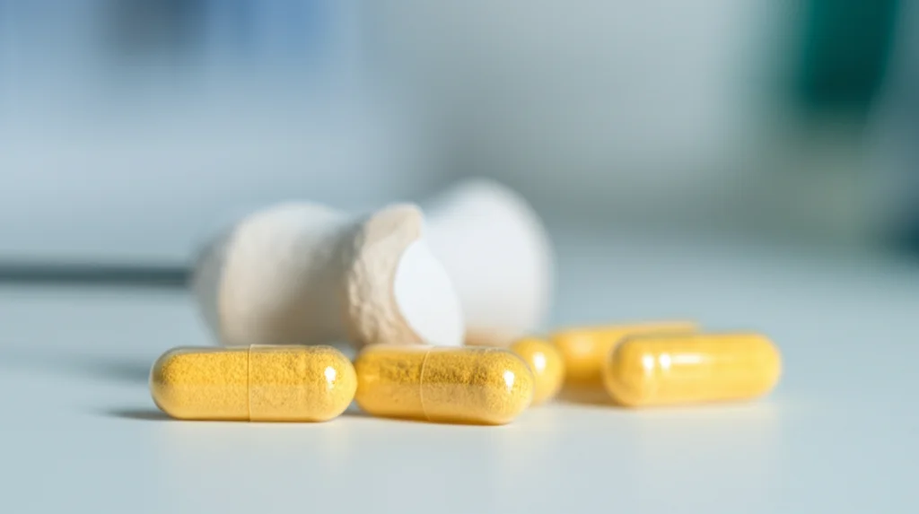 Primo piano di capsule trasparenti contenenti una polvere gialla brillante (simbolo dell'Epimedina B) posate delicatamente su un modello anatomico 3D di osso sano e compatto, con uno sfondo leggermente sfocato che suggerisce un ambiente di laboratorio pulito e moderno, lente prime 50mm, profondità di campo ridotta per mettere a fuoco le capsule e l'osso, illuminazione da studio morbida.