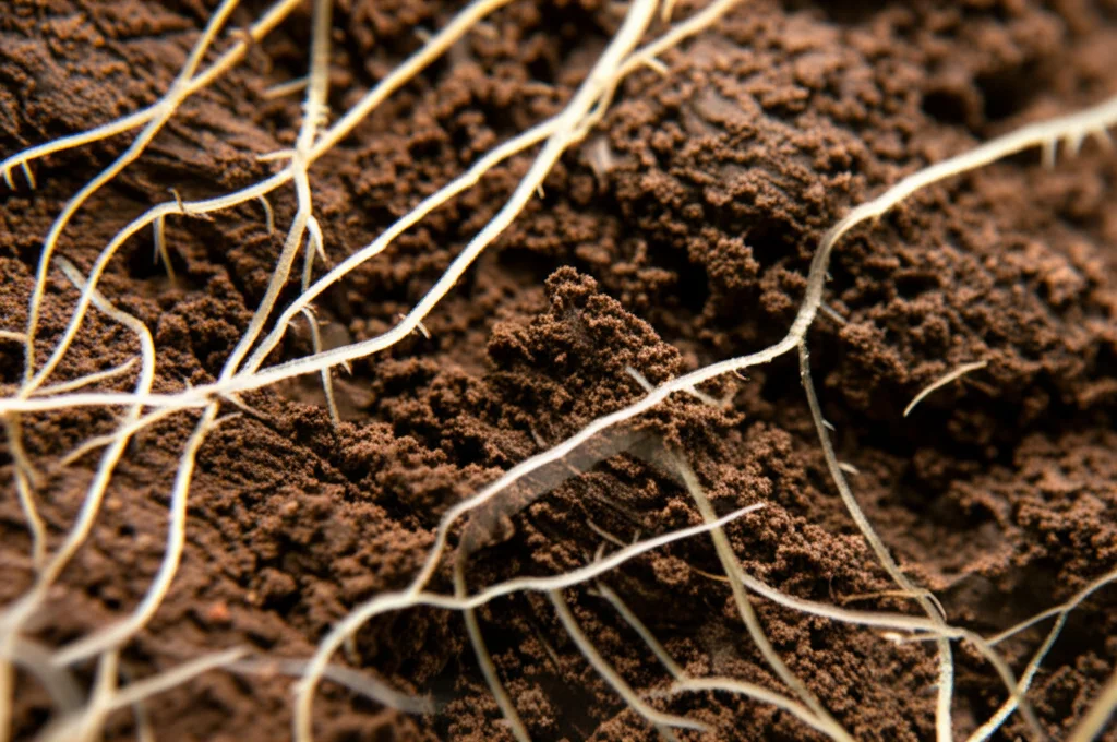 Scatto macro ravvicinato, lente da 105 mm, di terreno fertile che brulica di vita microbica, rappresentava astratto, con piccoli peli di radice di carota visibili, alti dettagli, focalizzazione precisa, illuminazione controllata.