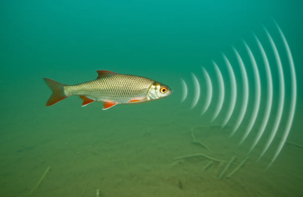 Foto subacquea drammatica, teleobiettivo 100mm, di un pesce Rutilus rutilus in un lago d'acqua dolce che mostra segni di stress (occhi leggermente sporgenti) vicino a onde sonore visibili stilizzate emananti da una fonte fuori campo (air gun), tracciamento del movimento, velocità dell'otturatore elevata, luce naturale filtrata dall'alto.