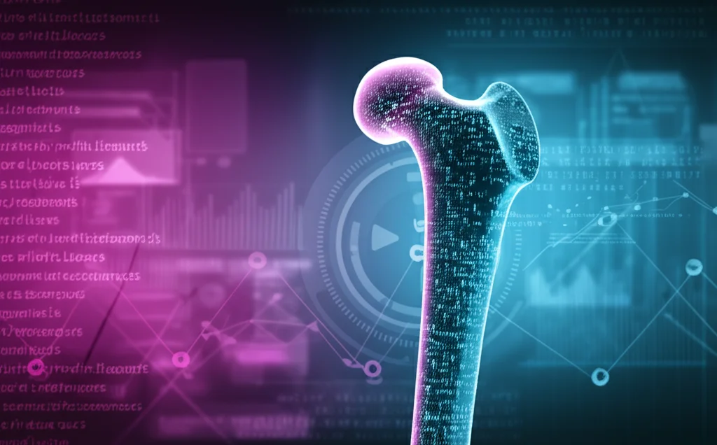Immagine concettuale che mostra una testa del femore umana stilizzata, metà osso sano e metà con pattern digitali sovrapposti rappresentanti l'analisi radiomica, su uno sfondo tecnologico astratto con linee di codice e grafici sfocati, illuminazione drammatica high-tech, obiettivo macro 90mm per dettaglio sulla texture ossea e digitale, colori duotone ciano e magenta.