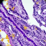 Immagine concettuale del microambiente tumorale del pancreas: cellule cancerose (viola scuro) immerse in uno stroma denso (grigio chiaro) con diverse cellule immunitarie (linfociti T in blu, macrofagi in giallo) che interagiscono. Macro lens, 105mm, high detail, precise focusing, controlled lighting, atmosfera scientifica ma con elementi visivi che suggeriscono complessità e interazione.