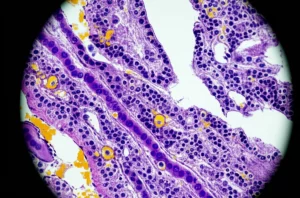 Immagine concettuale del microambiente tumorale del pancreas: cellule cancerose (viola scuro) immerse in uno stroma denso (grigio chiaro) con diverse cellule immunitarie (linfociti T in blu, macrofagi in giallo) che interagiscono. Macro lens, 105mm, high detail, precise focusing, controlled lighting, atmosfera scientifica ma con elementi visivi che suggeriscono complessità e interazione.
