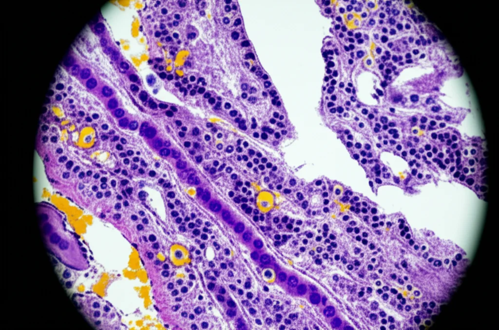 Immagine concettuale del microambiente tumorale del pancreas: cellule cancerose (viola scuro) immerse in uno stroma denso (grigio chiaro) con diverse cellule immunitarie (linfociti T in blu, macrofagi in giallo) che interagiscono. Macro lens, 105mm, high detail, precise focusing, controlled lighting, atmosfera scientifica ma con elementi visivi che suggeriscono complessità e interazione.