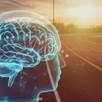 Immagine fotorealistica che simboleggia l'unione tra scienza e sport d'élite: un cervello stilizzato fatto di dati luminosi e connessioni neurali sovrapposto a una pista di atletica moderna al tramonto, obiettivo grandangolare 20mm, messa a fuoco nitida su entrambi gli elementi, colori caldi e vibranti che evocano energia e innovazione.