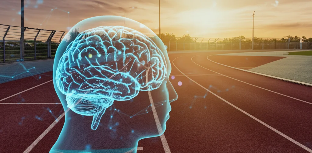 Immagine fotorealistica che simboleggia l'unione tra scienza e sport d'élite: un cervello stilizzato fatto di dati luminosi e connessioni neurali sovrapposto a una pista di atletica moderna al tramonto, obiettivo grandangolare 20mm, messa a fuoco nitida su entrambi gli elementi, colori caldi e vibranti che evocano energia e innovazione.