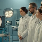 Immagine fotorealistica di un team di ricercatori in camice bianco in un laboratorio avanzato che osserva attentamente un monitor che mostra una procedura laparoscopica PIPAC in corso su un modello animale (coniglio non visibile direttamente), luce da laboratorio controllata, profondità di campo per mettere a fuoco i ricercatori e lo schermo, focale 35mm, atmosfera di concentrazione e innovazione scientifica.