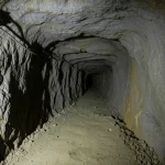 Immagine fotorealistica di un tunnel minerario scavato nell'argillite grigiastra. Si nota una leggera deformazione del pavimento (floor heave). L'illuminazione del tunnel crea ombre profonde. Obiettivo grandangolare 18mm, messa a fuoco nitida, per catturare l'ambiente geotecnico.