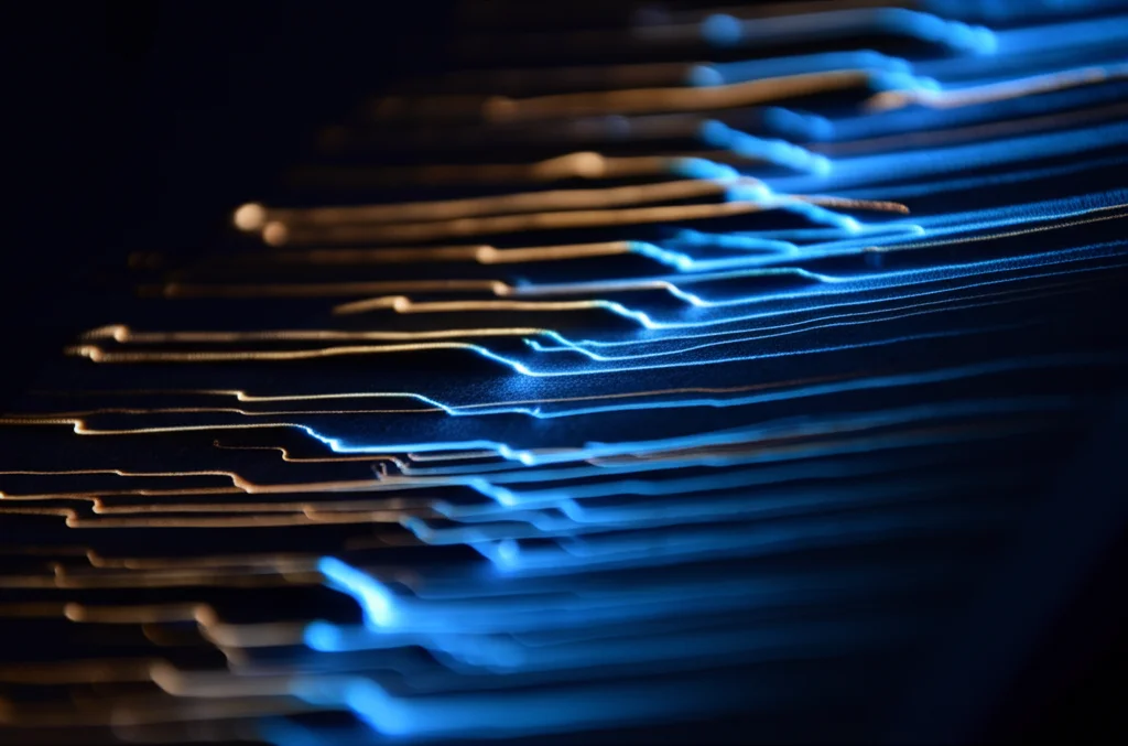 Immagine fotorealistica, lente primaria 35 mm, rappresentazione astratta di percorsi di discesa a gradiente stocastico che convergono verso un minimo, visualizzate come linee luminose di restringimento leggero verso un punto luminoso su una superficie scura e complessa, profondità di campo, blu e duotoni oro.