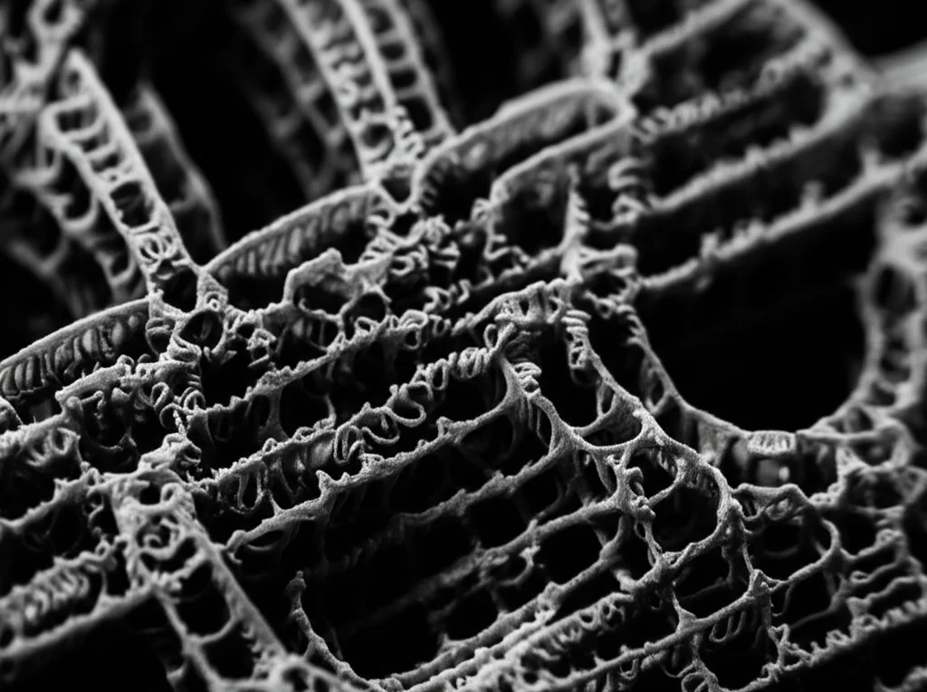 Immagine fotorealistica, obiettivo macro 85mm, diverse strutture giroidali in zirconia nera con dimensioni delle celle variabili disposte esteticamente, mostrando la loro complessa geometria e la finitura nera opaca, alto dettaglio, messa a fuoco precisa, illuminazione controllata da studio.