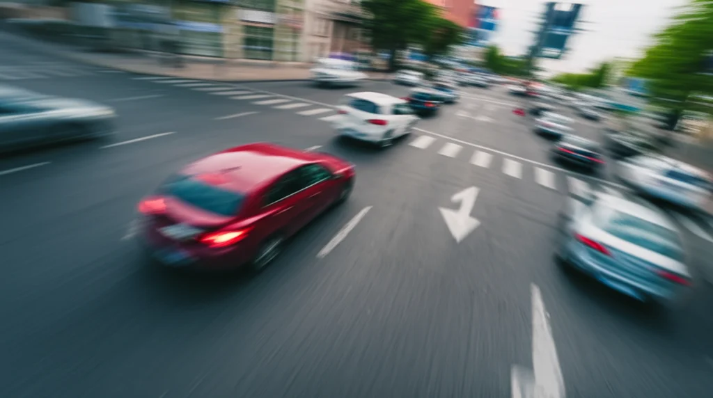 Vista aerea da un drone, obiettivo grandangolare 15mm, che segue un'auto rossa specificata tramite linguaggio naturale su una strada cittadina trafficata, messa a fuoco nitida, tracciamento del movimento, azione catturata con fast shutter speed.