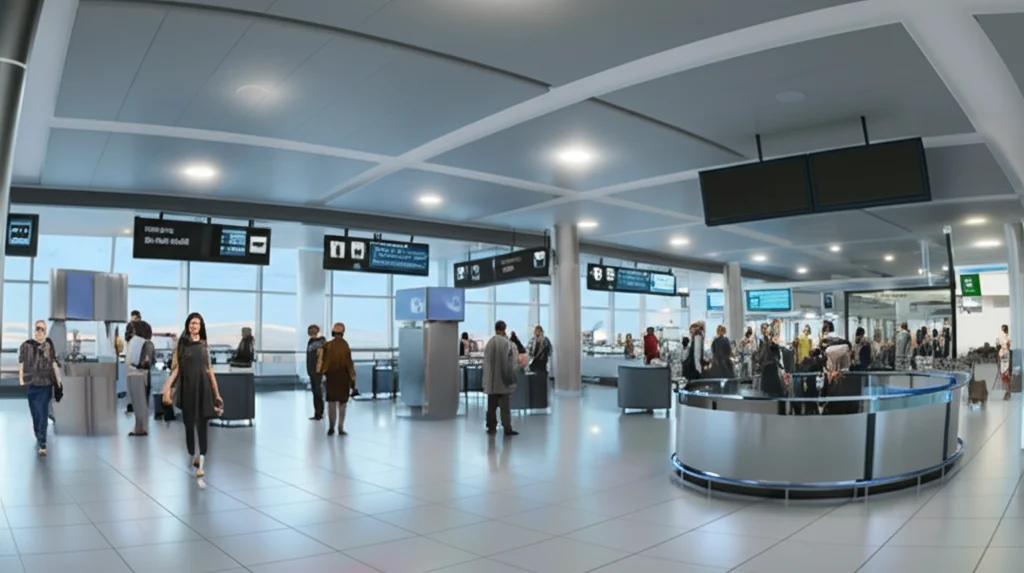 Vista in prima persona da un visore VR che mostra un ambiente aeroportuale virtuale fotorealistico e affollato, con segnaletica chiara e avatar di passeggeri. Obiettivo grandangolare 24mm, profondità di campo, illuminazione realistica.