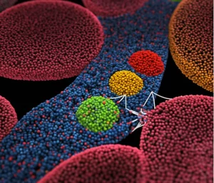 Visualizzazione 3D ad alta risoluzione del fegato fetale con diverse popolazioni cellulari ematopoietiche (staminali, progenitori, macrofagi, endoteliali) mappate spazialmente usando SeekSpace. Le cellule sono rappresentate come sfere colorate che mostrano cluster e interazioni specifiche, evidenziando la nicchia di espansione delle HSC/MPP vicino a macrofagi e cellule endoteliali. Illuminazione scientifica, dettaglio microscopico.