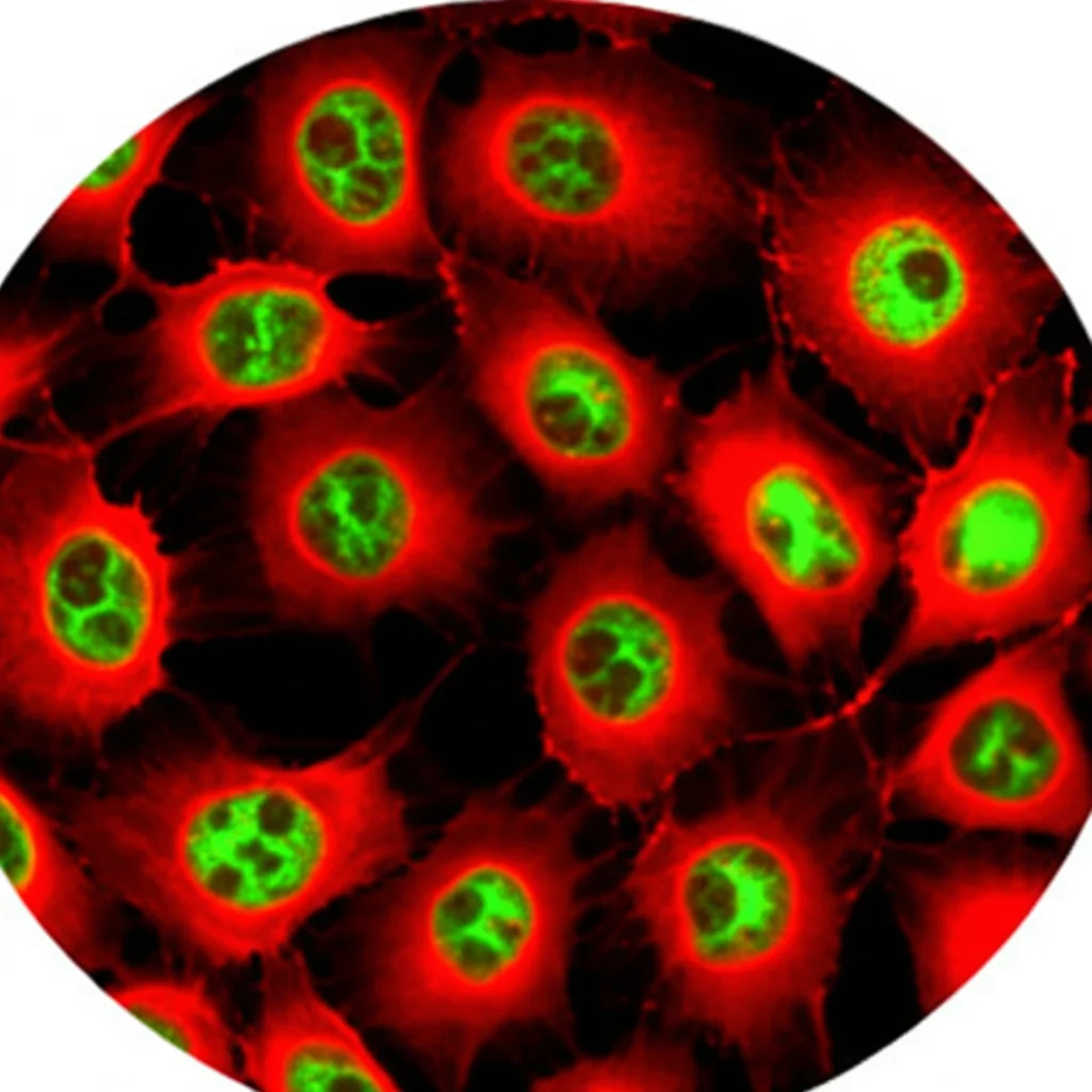Visualizzazione microscopica ad alta definizione (macro lens, 100mm, high detail) di cellule tumorali al seno (MCF-7) attaccate selettivamente dal peptide TP4, mostrando segni iniziali di apoptosi (membrana cellulare che bolle, nucleo condensato), mentre cellule sane vicine rimangono intatte, sotto illuminazione controllata che evidenzia il contrasto tra cellule sane e morenti.