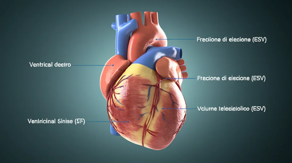 Visualizzazione 3D fotorealistica del cuore umano che mostra i ventricoli destro e sinistro, con etichette che indicano la frazione di eiezione (EF) e il volume telesistolico (ESV). Illuminazione da studio medico, alta definizione, obiettivo macro 60mm.