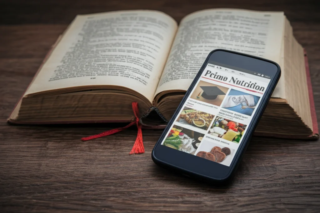 Primo piano su un vecchio libro aperto simboleggiante l'istruzione e uno smartphone che mostra notizie sulla salute e nutrizione, illuminati da una luce controllata su un tavolo di legno rustico. Stile still life, obiettivo macro 80mm, alta definizione, focus preciso sui dettagli del libro e dello schermo, luce laterale morbida.